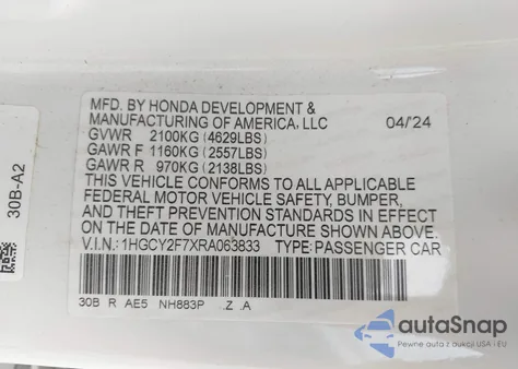 2024 Honda Accord Hybrid Sport-L z USA, uszkodzony, nr VIN 1HGCY2F7XRA063833